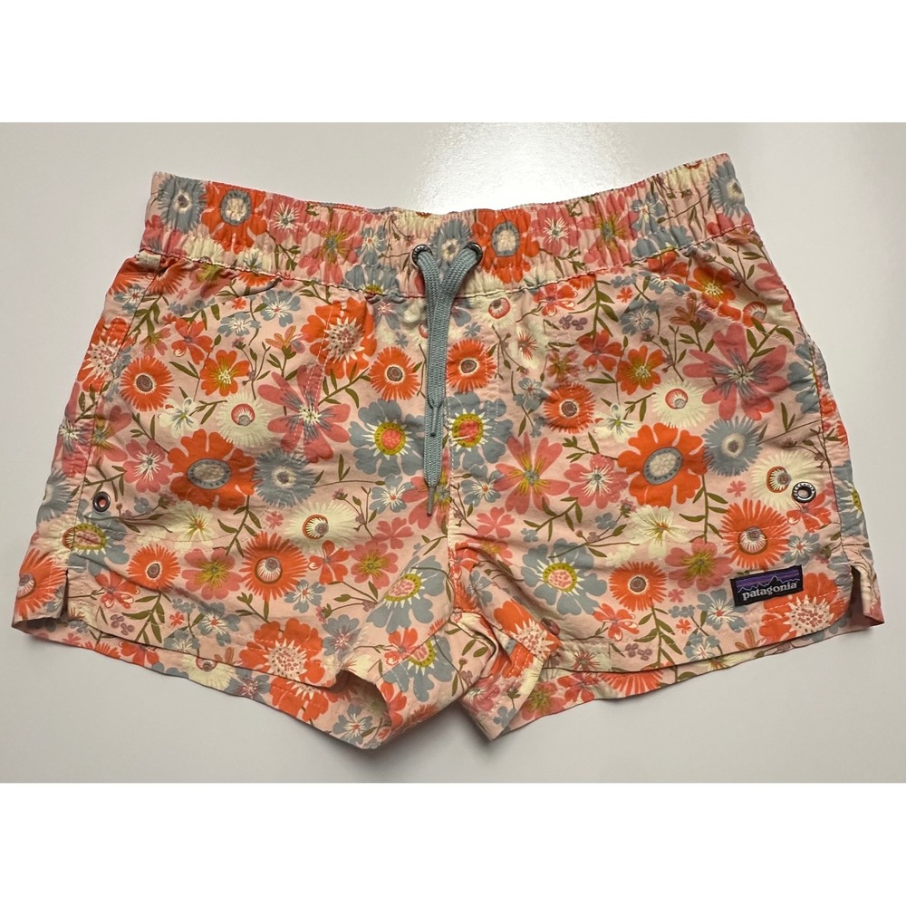 Patagonia Girls Baggies Shorts Wild Blooms Sunset Orange Pink Floral Size XL 14